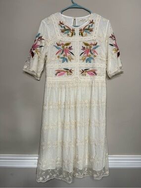 Ivory Midi Dress with Pink, Blue & Green Embroidery